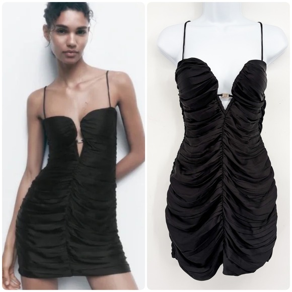 Zara Dresses & Skirts - Zara Womens Black Ruched Rhinestone Buckle Glam Bodycon Party Mini Dress Size S